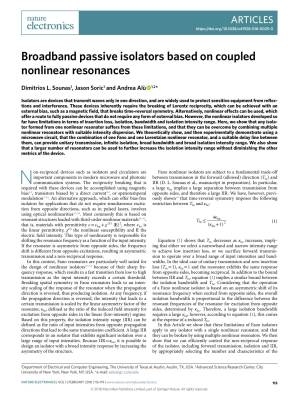 Broadband passive isolators based on coupled nonlinear resonances