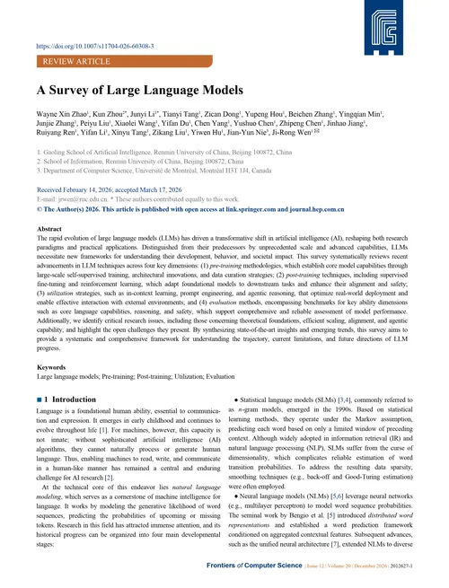 مقاله A Survey of Large Language Models؛ مرور جامع مدل‌های زبانی بزرگ (LLM)